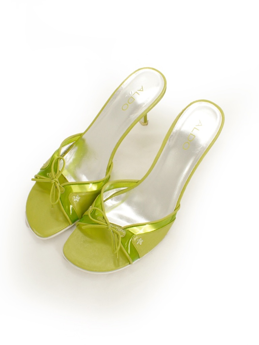 Vintage 00s 90s Y2K Lime Green Mules Star Charm Bow Peep Toe Kitten Heel Shoes - Picture 3 of 6